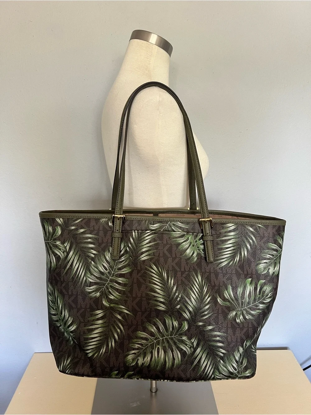 Michael Kors Green Palm-Print Tote with Gold Hardware